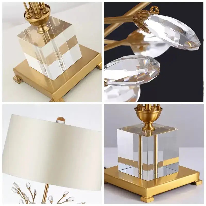 Modern crystal branch table lamp with gold-toned base and clear crystal facets featuring brass accents for bedroom decor