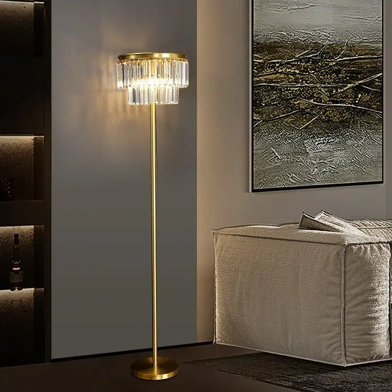 Gold-finished floor lamp with tiered crystal chandelier head in modern decorbites crystal brass floor lighting design
