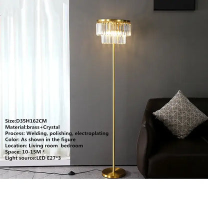 Modern crystal brass floor lamp with gold finish and tiered chandelier head for elegant living room decorbites crystal brass floor
