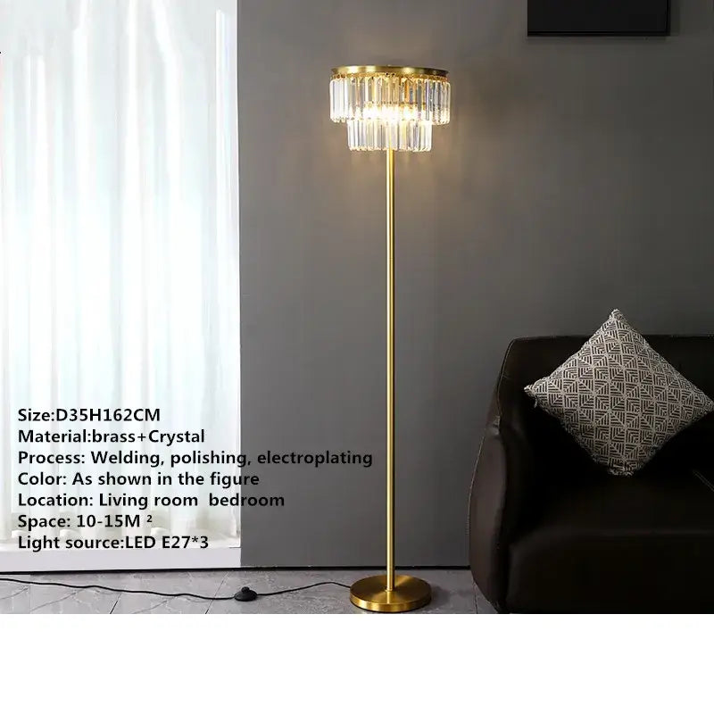 Modern crystal brass floor lamp with gold finish and tiered chandelier head for elegant living room decorbites crystal brass floor