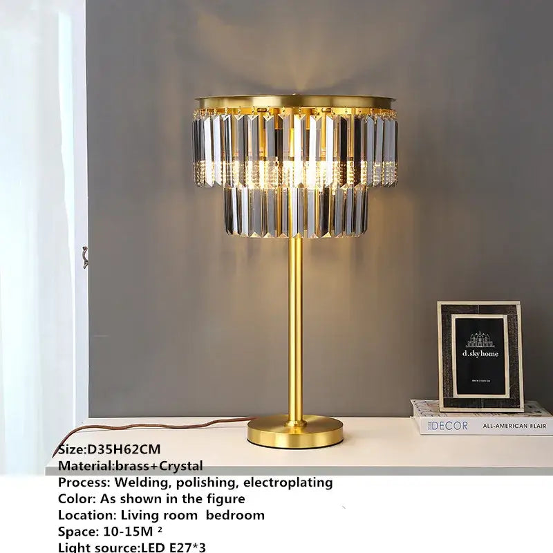 Modern crystal brass floor lamp with gold-toned base and cascading clear crystal prisms for elegant decorbites decor