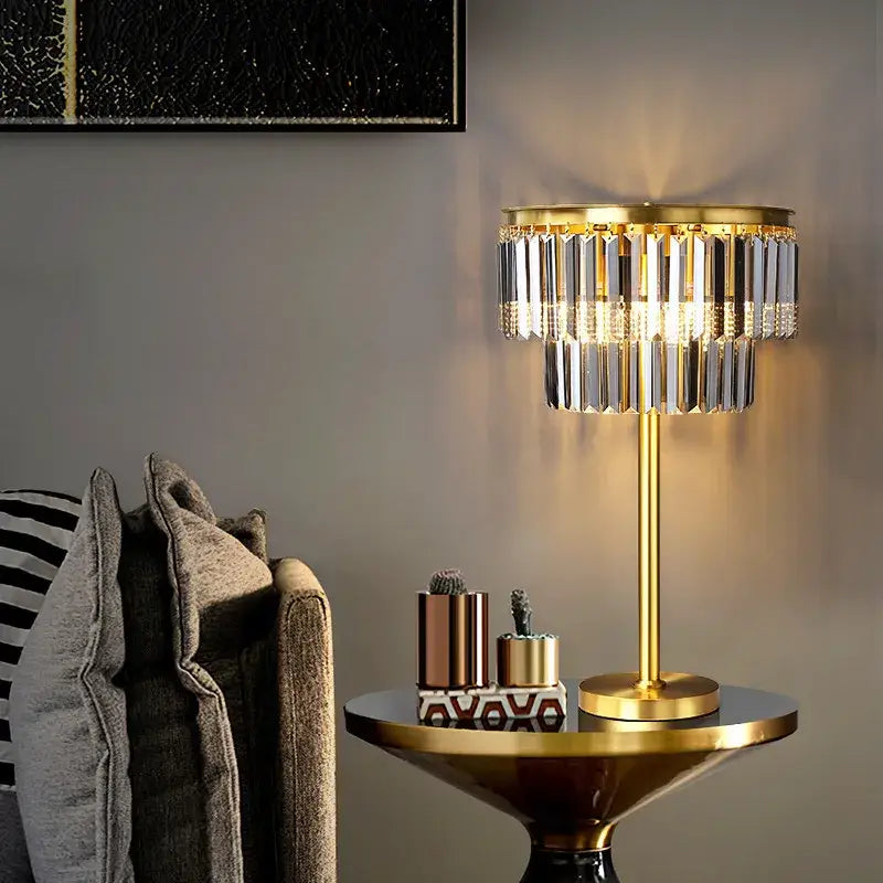 Gold-toned modern crystal brass floor lamp with cascading prisms for elegant living room decorbites crystal brass floor lighting