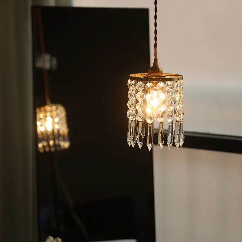 Delicate gold-toned modern crystal brass led pendant light with cascading clear faceted beads for dining room decorbites crystal brass