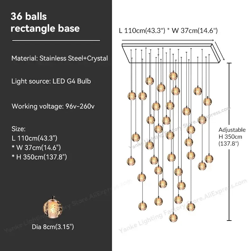 Modern crystal bubble ball pendant light with 36 crystal spheres and rectangular stainless steel base for dining room decorbites