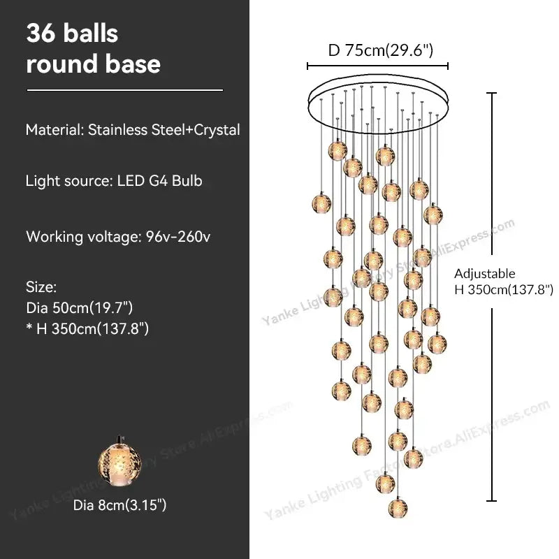 Modern crystal bubble ball pendant light with 36 glowing spherical crystal balls on stainless steel base for dining room decorbites crystal bubble