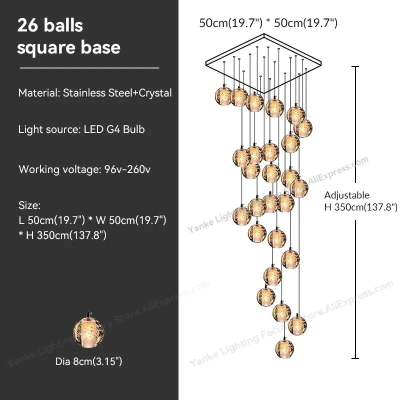 Modern pendant light with 26 crystal bubble ball glass spheres and led g4 bulbs suspended from stainless steel base