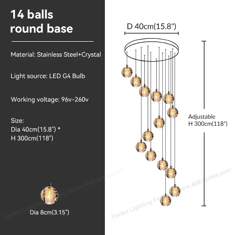Modern pendant light featuring 14 crystal bubble ball orbs with stainless steel base for dining room decorbites crystal bubble design