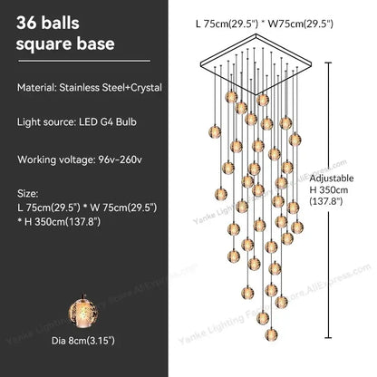Modern pendant light with 36 faceted crystal bubble balls suspended from a square stainless steel base by decorbites crystal bubble