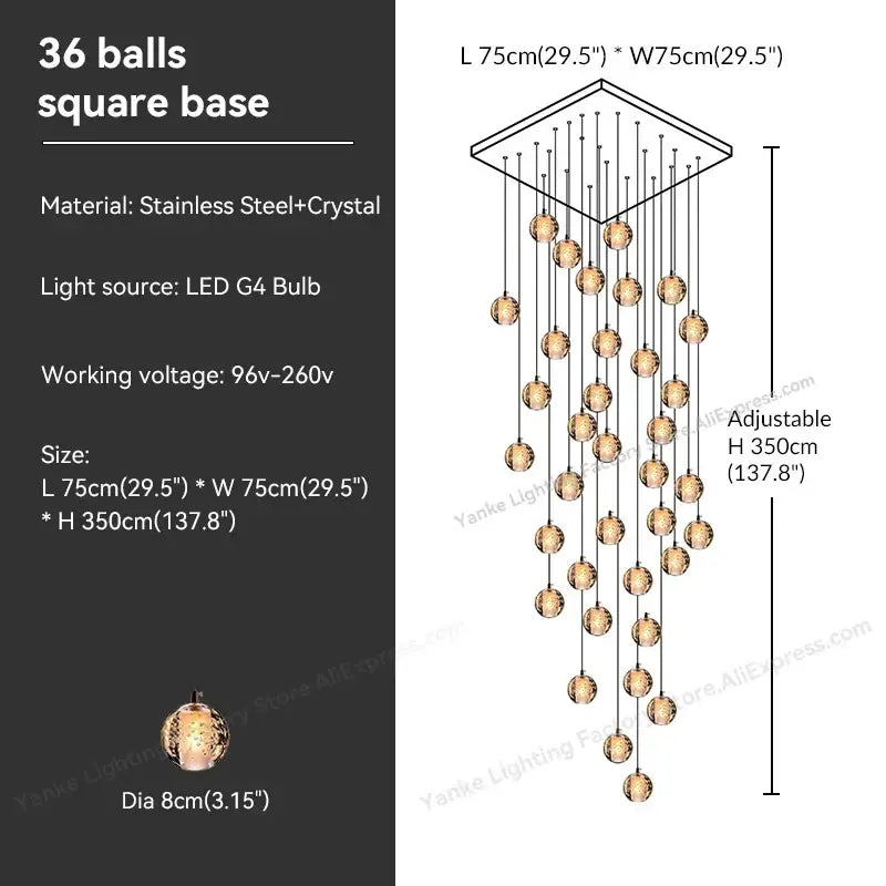Modern pendant light with 36 faceted crystal bubble balls suspended from a square stainless steel base by decorbites crystal bubble