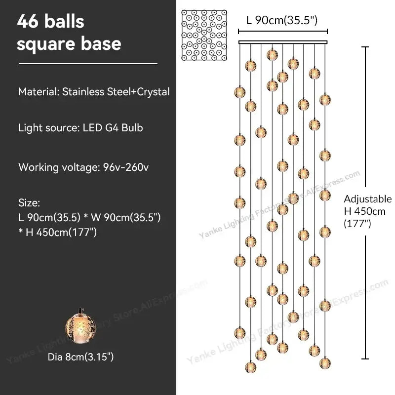 Modern crystal bubble ball pendant light with 46 warm glowing spherical balls from a stainless steel base decorbites crystal bubble