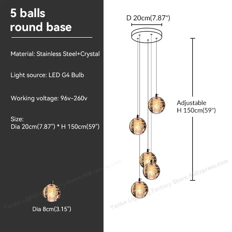 Modern crystal bubble ball pendant light with five textured golden glass spheres hanging from stainless steel base