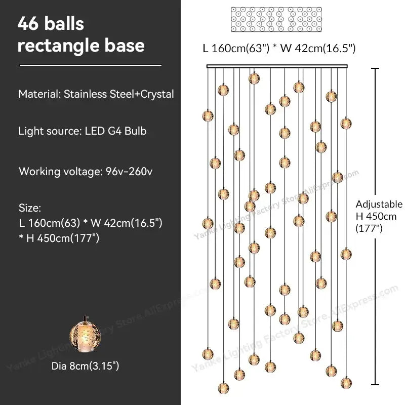 A modern rectangular stainless steel pendant light with 46 crystal bubble balls for dining room decorbites crystal bubble