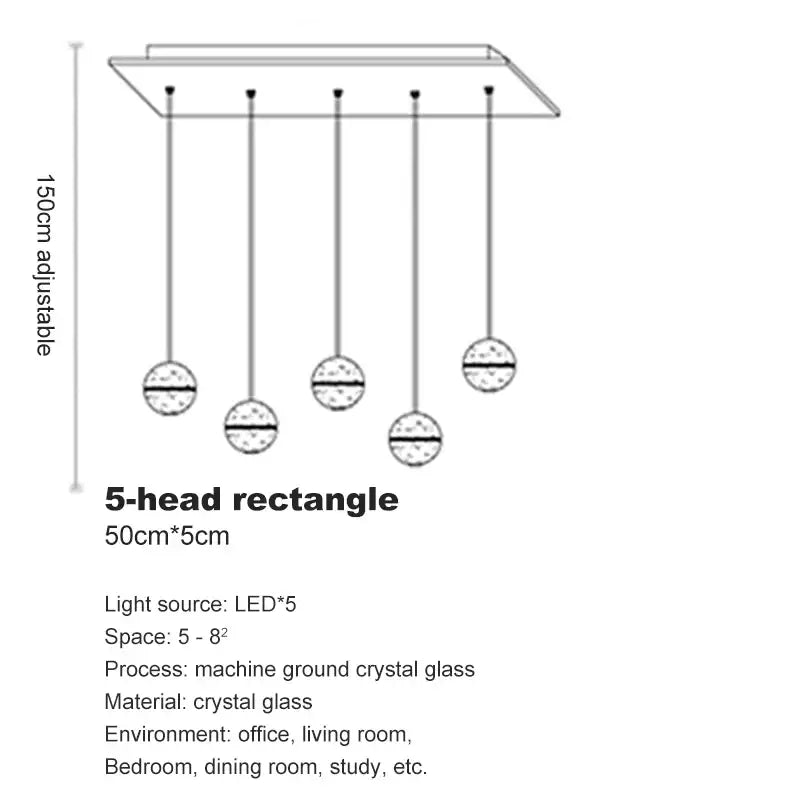 Modern rectangular pendant light with five crystal bubble ball glass globes featuring led bulbs for dining room decorbites