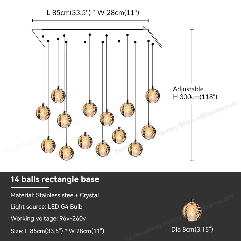 Modern crystal bubble ball pendant light with 14 spherical glass orbs and stainless steel frame for dining room decorbites crystal bubble