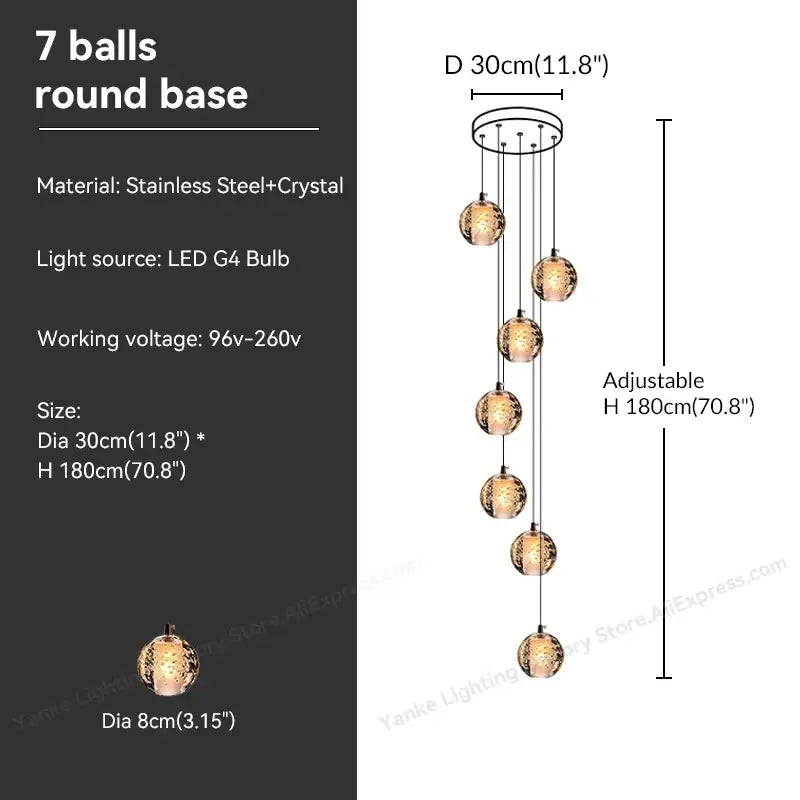 Modern crystal bubble ball pendant light with seven hammered glass spheres suspended from stainless steel base