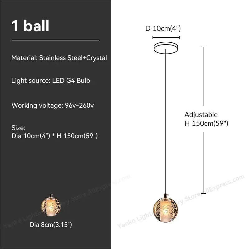 Modern crystal bubble ball pendant light featuring a textured crystal-encrusted stainless steel finish with led g4 bulb
