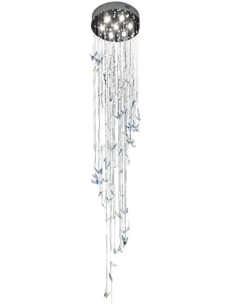 Modern crystal butterfly pendant light with circular chrome fixture, crystals pendant light, and silver bird accents