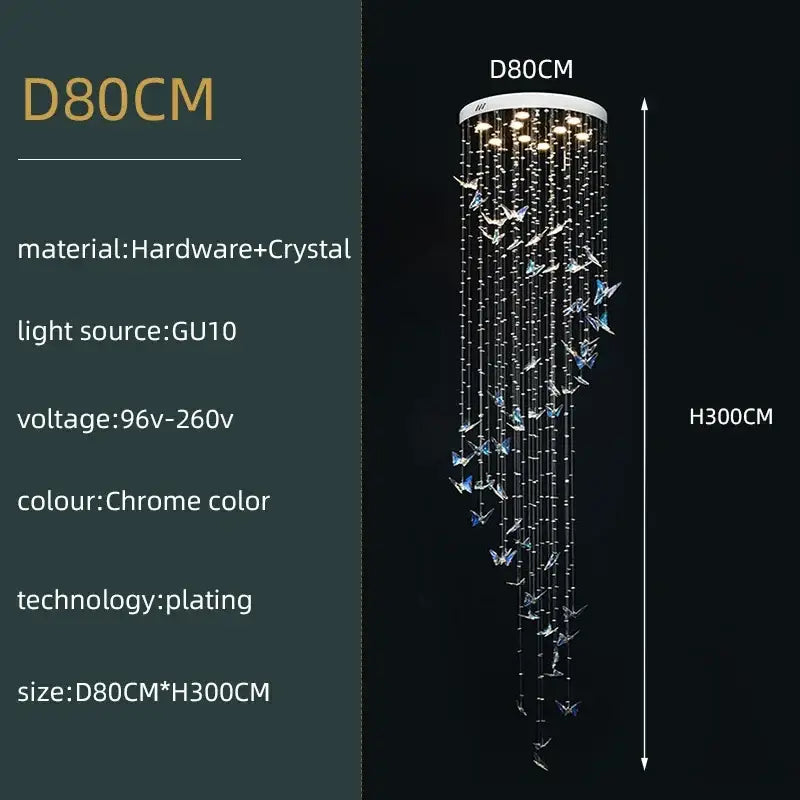Chrome-plated modern crystal butterfly pendant light with decorbites crystals pendant cascading from circular base