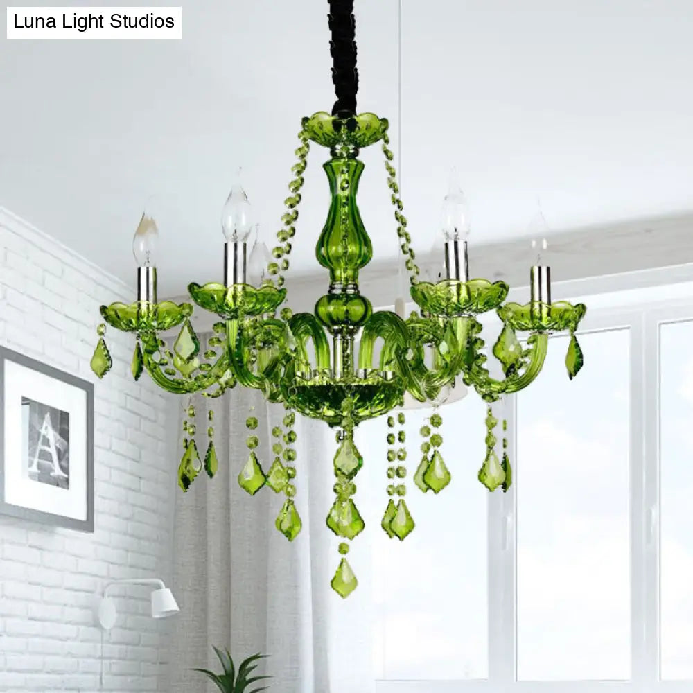 Lámpara de araña moderna de cristal con forma de vela - Lámpara colgante verde para dormitorio (6/18 luces) - 23"/37.5" de ancho