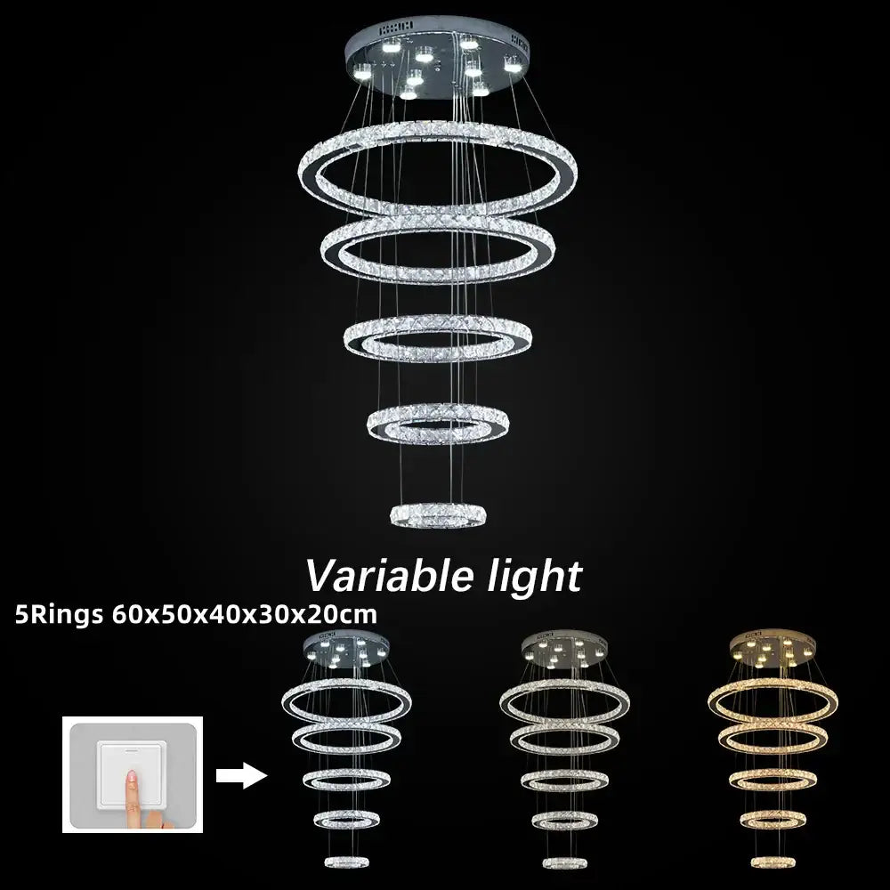 Modern crystal chrome led pendant light rings chandelier with crystal-encrusted rings and white or warm gold lighting options
