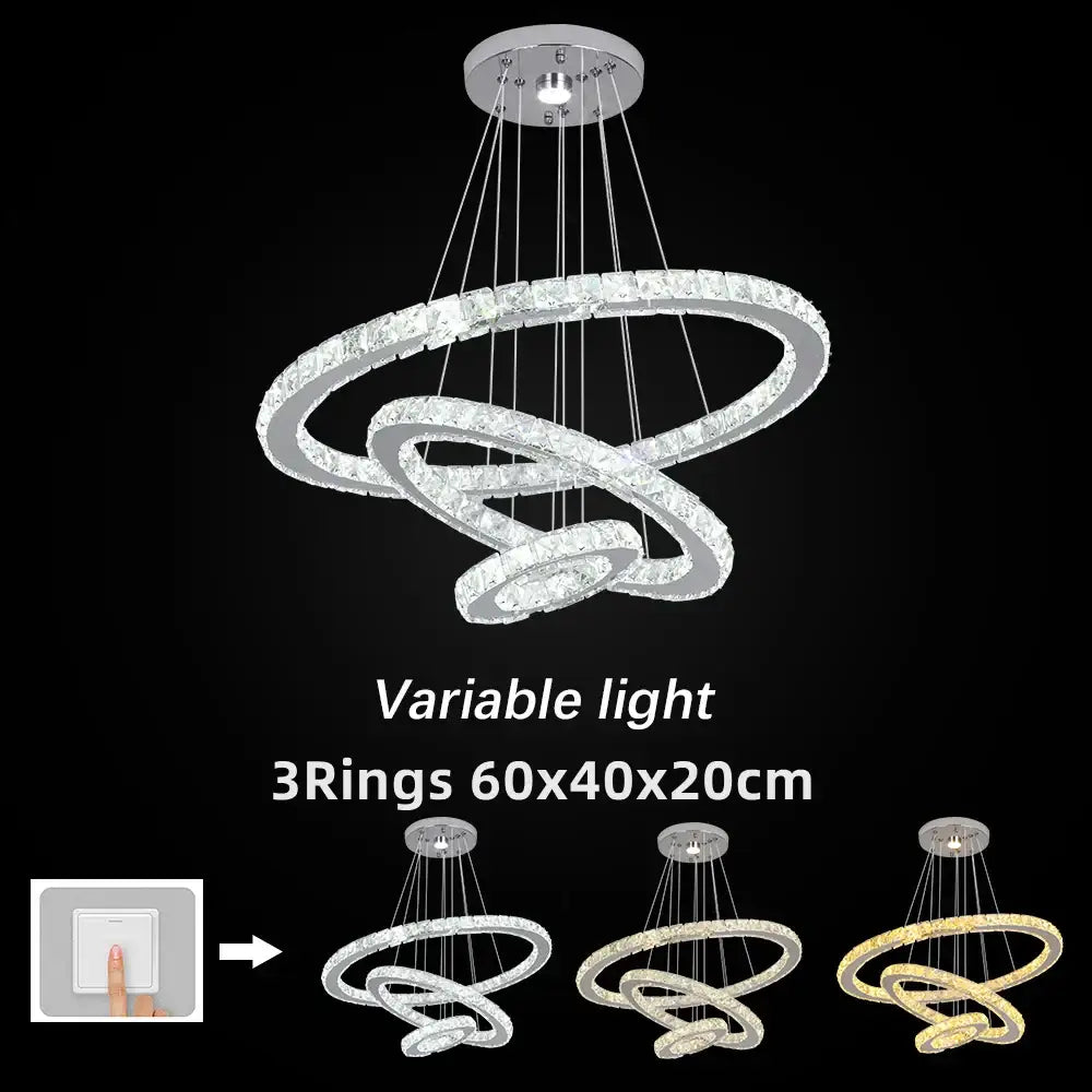 Modern three-ring crystal chrome led pendant chandelier with adjustable lighting and sleek chrome finish for living room decorbites crystal chrome