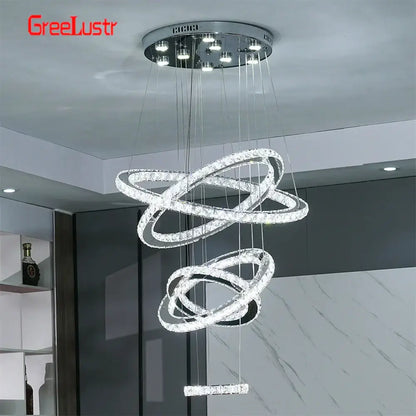 Greelustr modern crystal chrome led pendant light rings chandelier with interlocking rings for living room decorbites crystal chrome