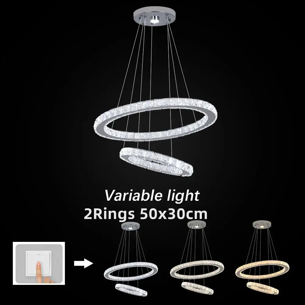 Modern crystal chrome led double-ring pendant light chandelier with crystal-encrusted rings and chrome ceiling mount for living room decorbites chrome led pendant