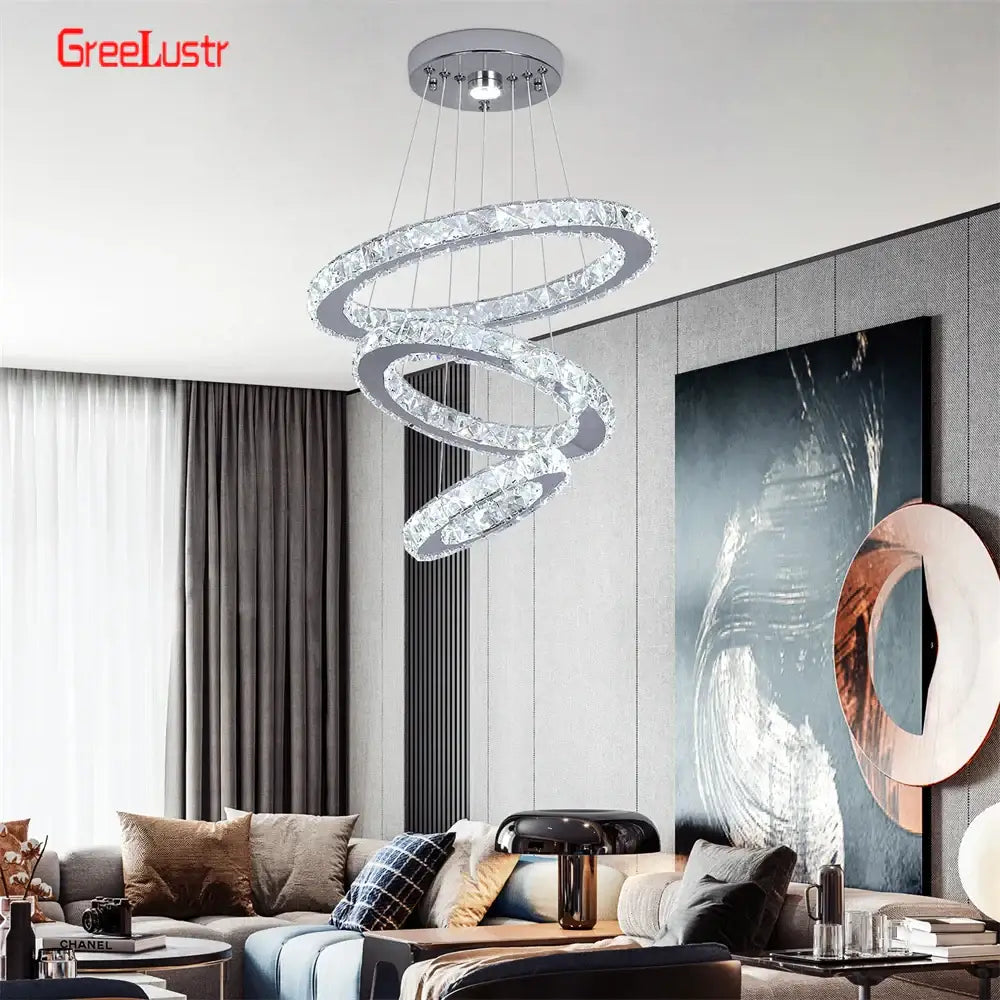 Modern spiral-shaped crystal chrome led pendant light rings chandelier with chrome ceiling mount for living room decorbites chrome led