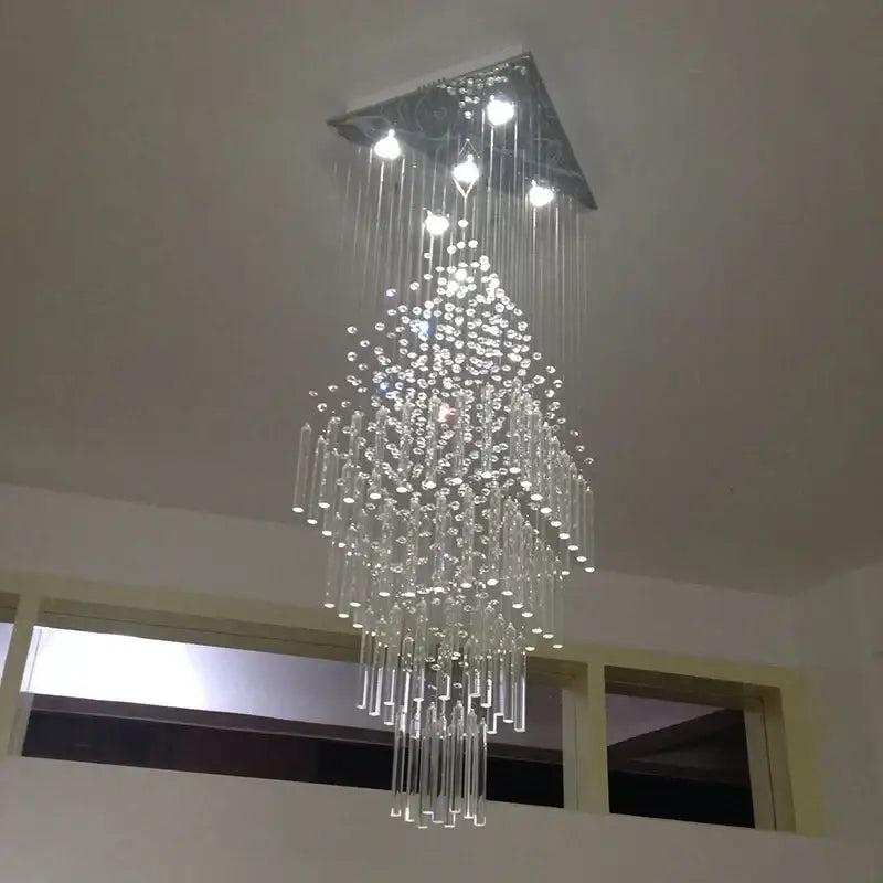 Modern crystal column chandelier with sleek triangular metal mount and cascading clear glass beads for living room decorbites crystal column