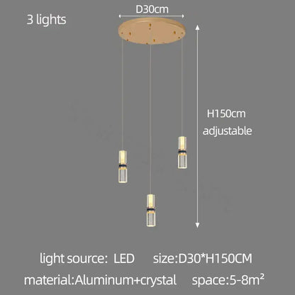 Modern crystal columnar chandelier stair lamp with three cylindrical LED bulbs, clear crystal accents, and aluminum mount