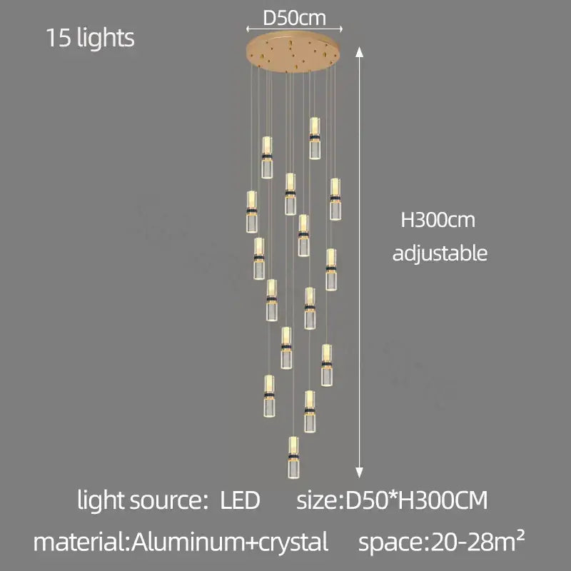Modern crystal columnar chandelier with 15 led lights, aluminum base, and crystal accents for stairwell lighting decorbites crystal columnar