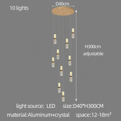 Modern crystal columnar chandelier with ten led lights and circular aluminum mount featuring crystal-encased bulbs