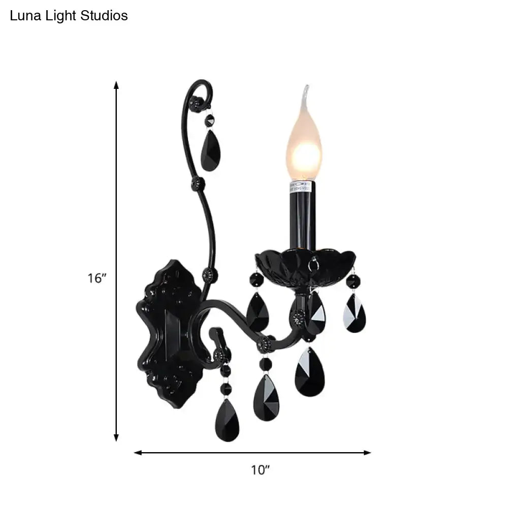 Modern black wrought iron cone wall mount sconce with black teardrop crystals for living room lighting