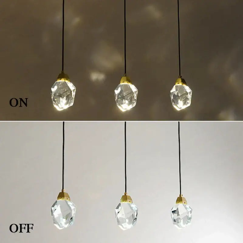 Three modern crystal copper led pendant lights with gold tops and black cords glowing for bedroom and stairs decorbites copper led wall