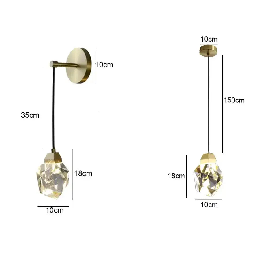 Brass-finished crystal copper led wall lamp with faceted geometric glass shade and black cord for bedroom or stairs decor