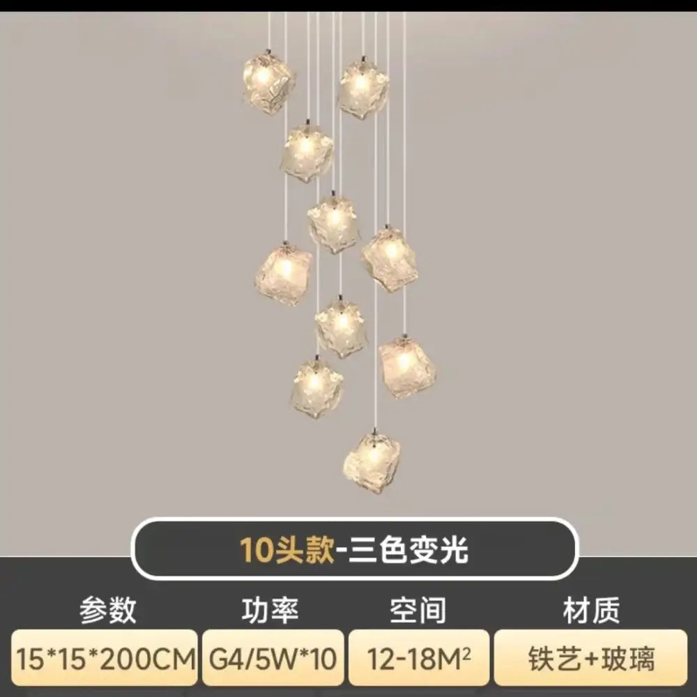 A modern decorbites cube chandelier pendant with ten irregular translucent glass crystals for dining room pendant lights