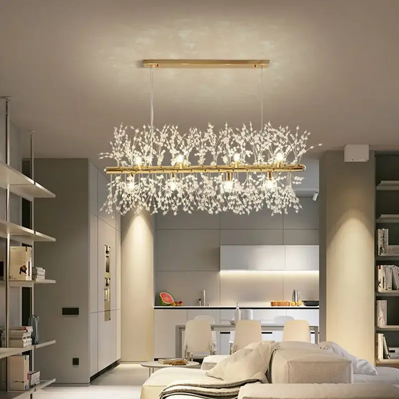 Modern crystal dandelion chandelier led hanging light with gold-toned rectangular frame and crystal-encrusted branches decorbites