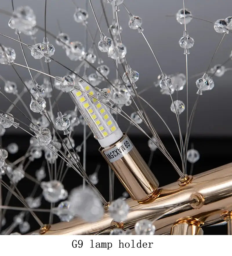 Gold-toned g9 lamp holder with clear faceted crystal bulb and led strip in decorbites dandelion chandelier led hanging light