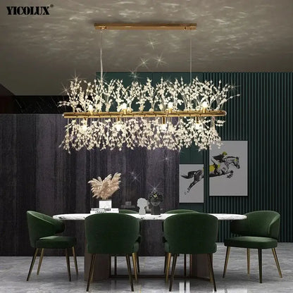 Modern crystal dandelion chandelier led hanging light with gold-toned rectangular frame and cascading crystal branches decorbites dandelion chandelier