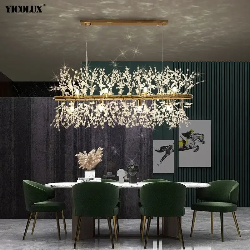 Modern crystal dandelion chandelier led hanging light with gold-toned rectangular frame and cascading crystal branches decorbites dandelion chandelier