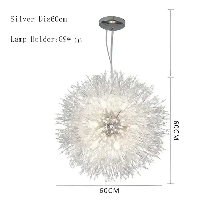 Silver spherical decorbites dandelion chandelier pendant lamp with crystal elements resembling a blooming flower
