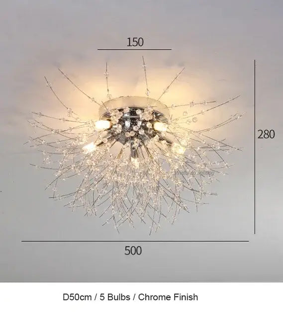 Chrome-finished modern crystal dandelion chandelier led pendant lamp with five bulbs for dining room decorbites decor