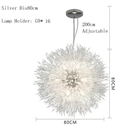 Modern silver spherical decorbites dandelion chandelier pendant lamp with crystal branches and adjustable chain for dining room