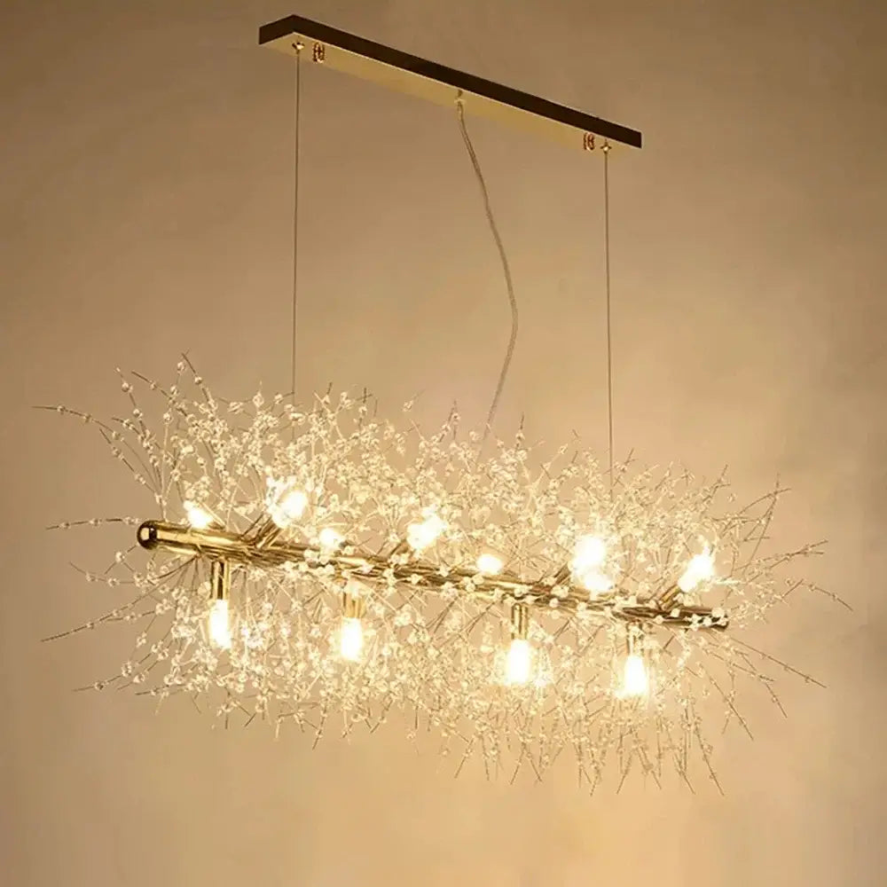 Modern crystal dandelion chandelier led pendant lamp with dark wood mount and warm bulbs in delicate crystal branches