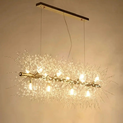 Modern crystal dandelion chandelier led pendant lamp with dark wood mount and warm bulbs in delicate crystal branches