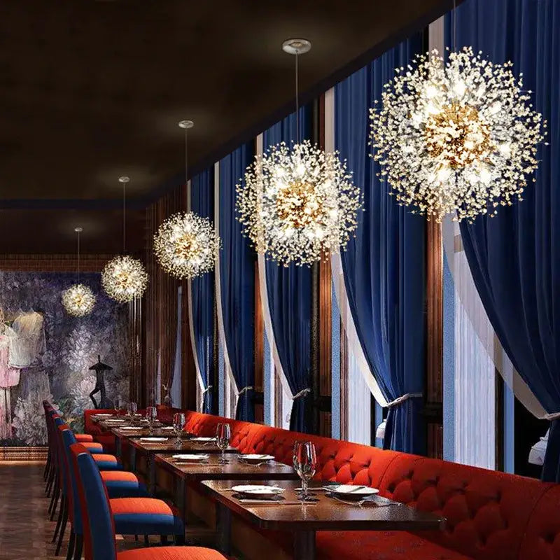 Golden spherical pendant lamp with sparkling crystal elements decorbites dandelion chandelier led for dining room decor