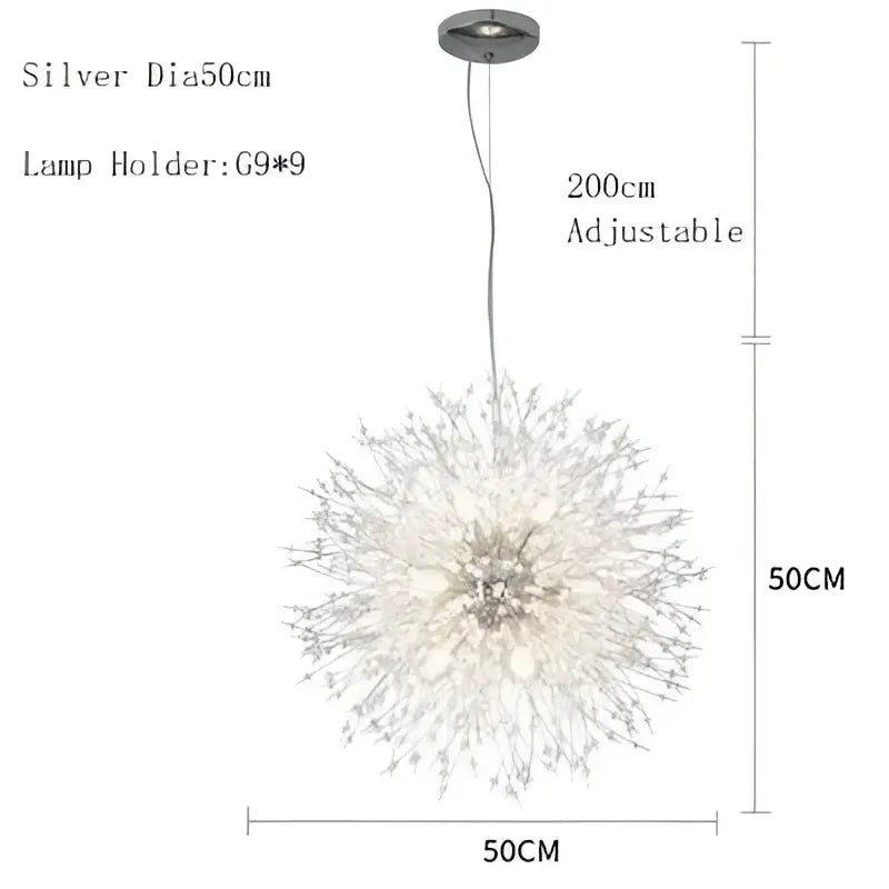 Silver spherical pendant lamp with delicate branching crystals and 200cm adjustable length decorbites dandelion chandelier