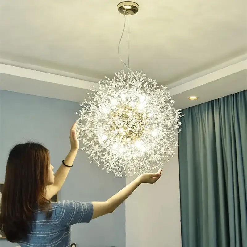 Modern crystal dandelion chandelier led pendant lamp with clear crystal elements and warm white lights for dining decorbites decor