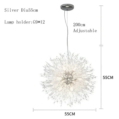 Silver dandelion chandelier led pendant lamp with 55cm diameter and adjustable height for modern dining room decorbites