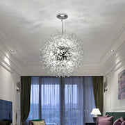 Modern crystal dandelion chandelier led pendant lamp with clear faceted crystals and metallic hub for dining room decorbites